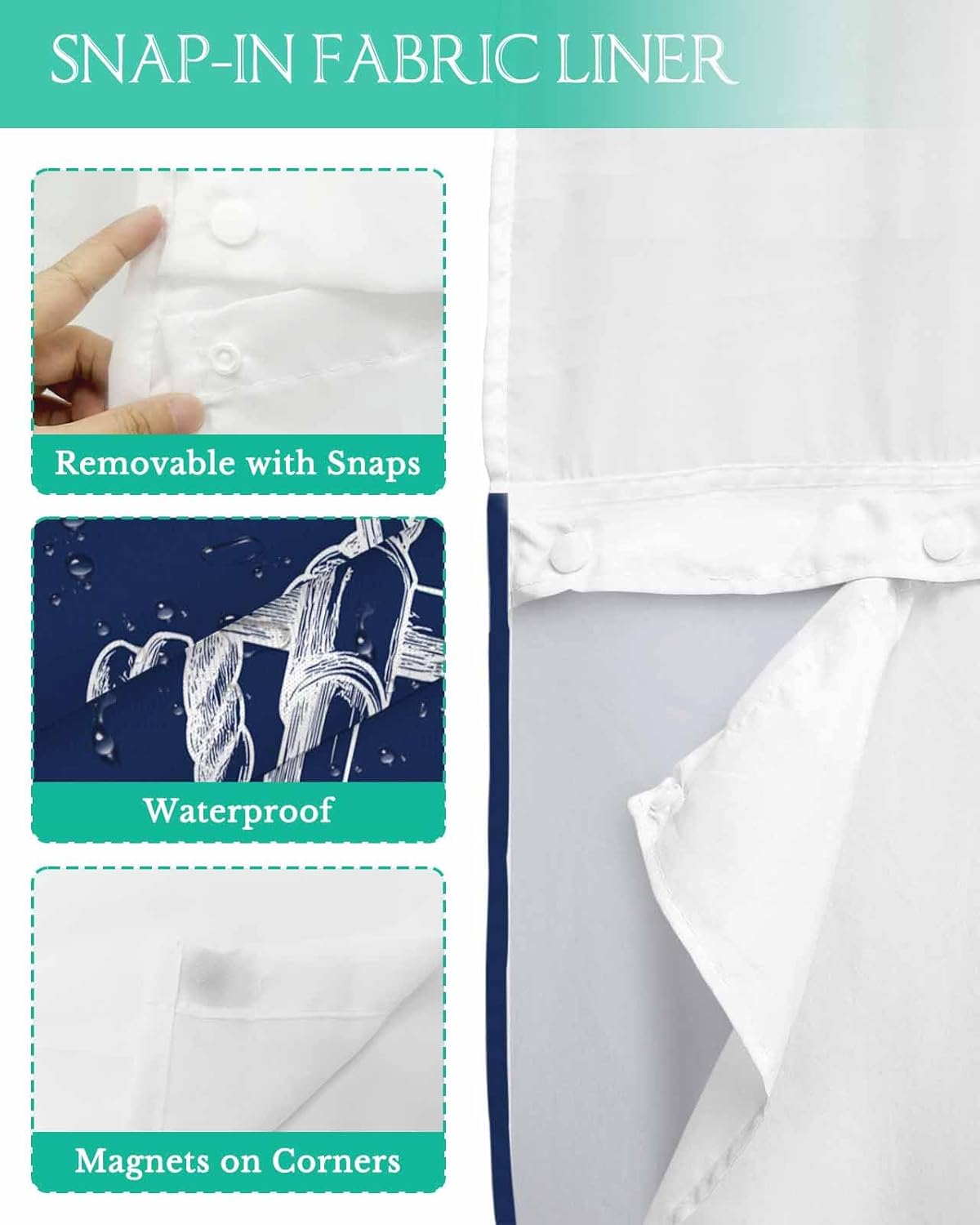 No Hooks Shower Curtain Set with Liner 72x72 Marine Theme