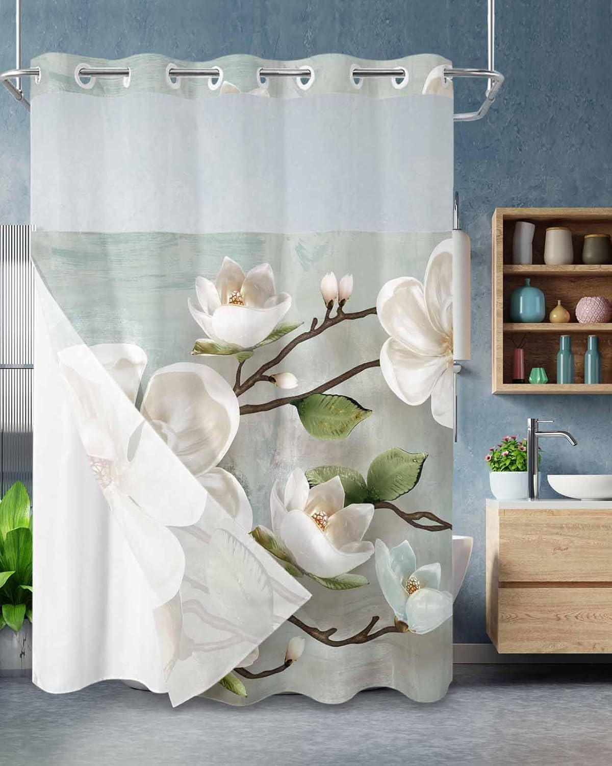 Smile Sunflower Flower Shower Curtain Set 72x72in White Magnolia with Snap Liner