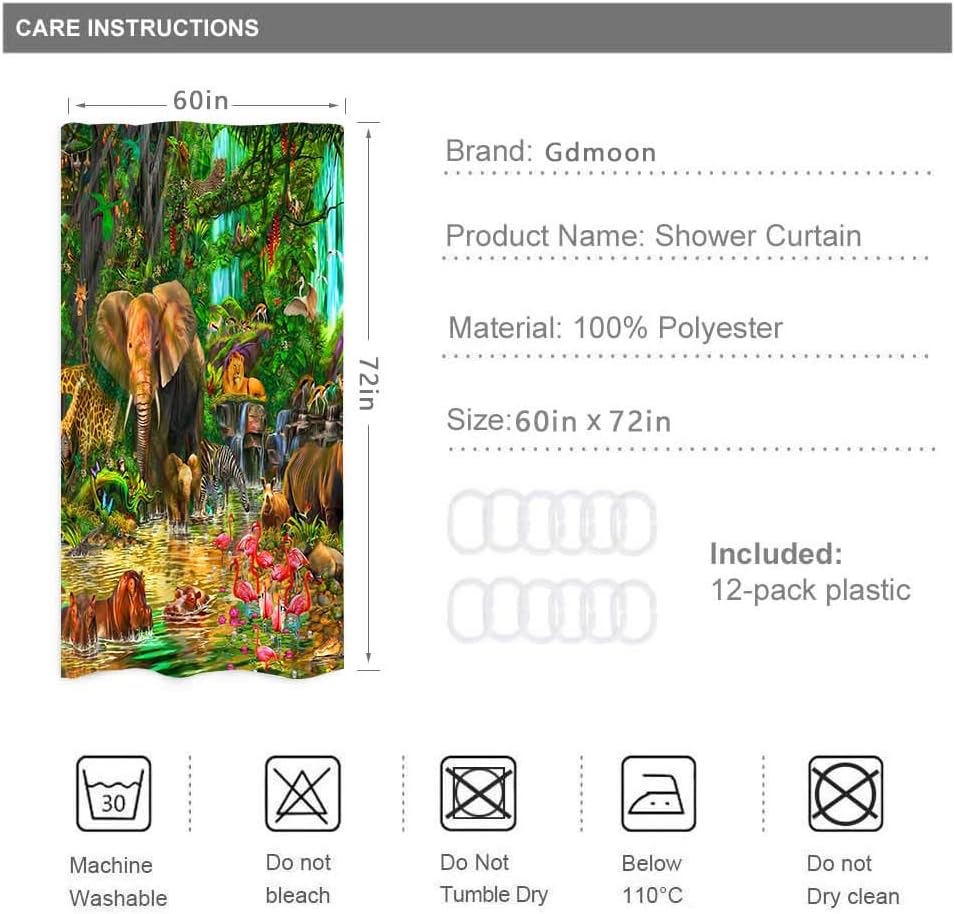 Gdmoon Jungle Animal Shower Curtain Set with 12 Hooks 60x72In 1