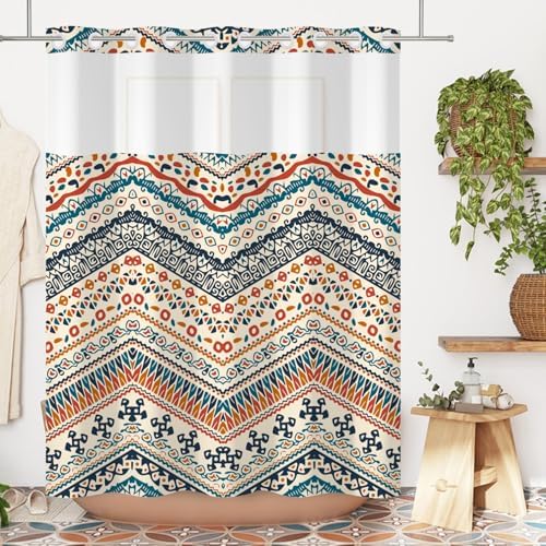 Yanutan No Hook Shower Curtain with Mesh and Liner 71x74in