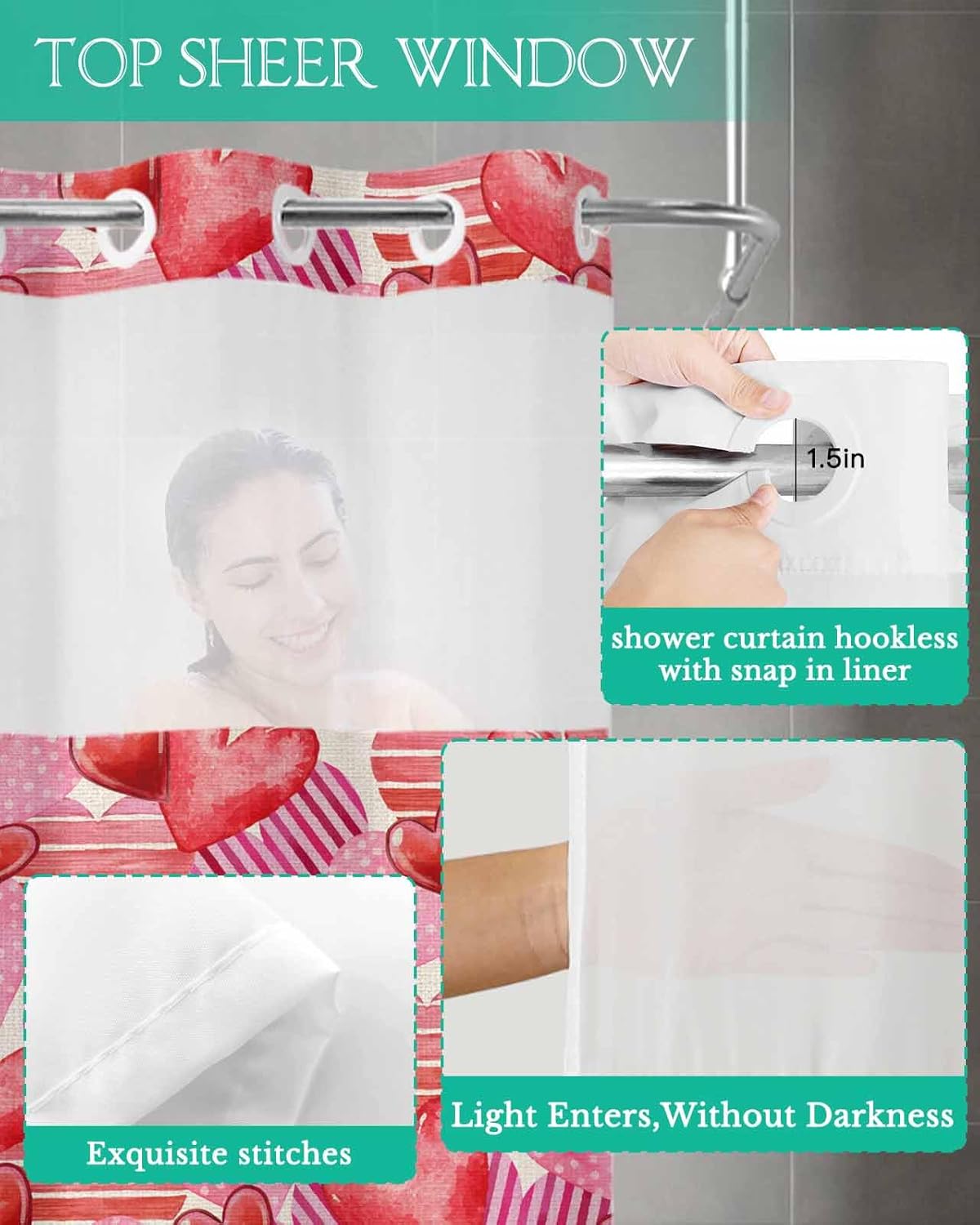 PIEPLE No Hook Shower Curtain Set with Snap Liner - Pink Red Heart Design