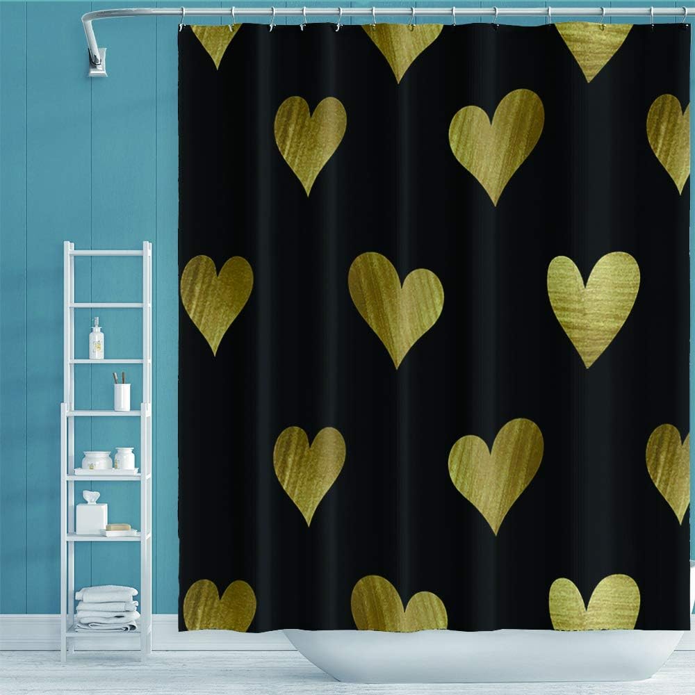 OERJU 65x72inch Golden Heart-Shaped Shower Curtain with Twinkling Patterns and Hooks
