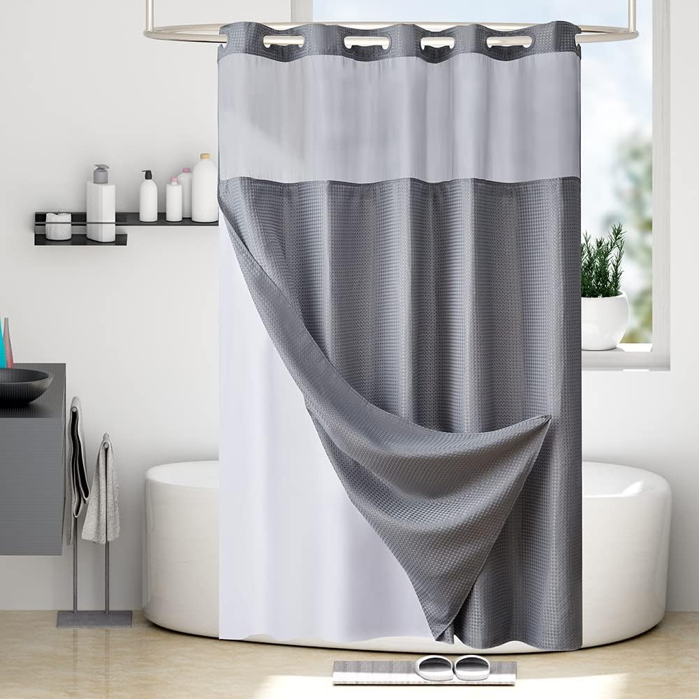 Furlinic No Hook Shower Curtain Set Waffle Weave See Through Window 71x75 Inch