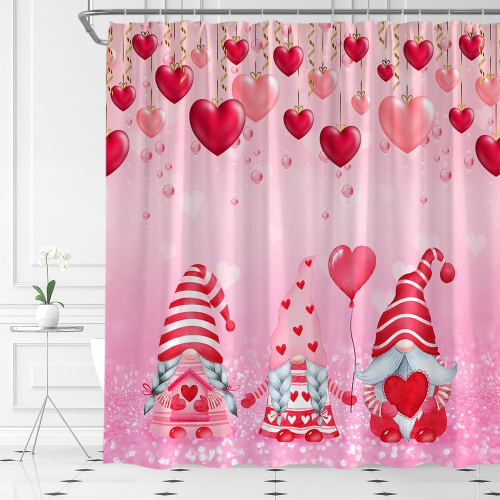 Valentines Day Gnome Shower Curtain Set with Hooks 70x70