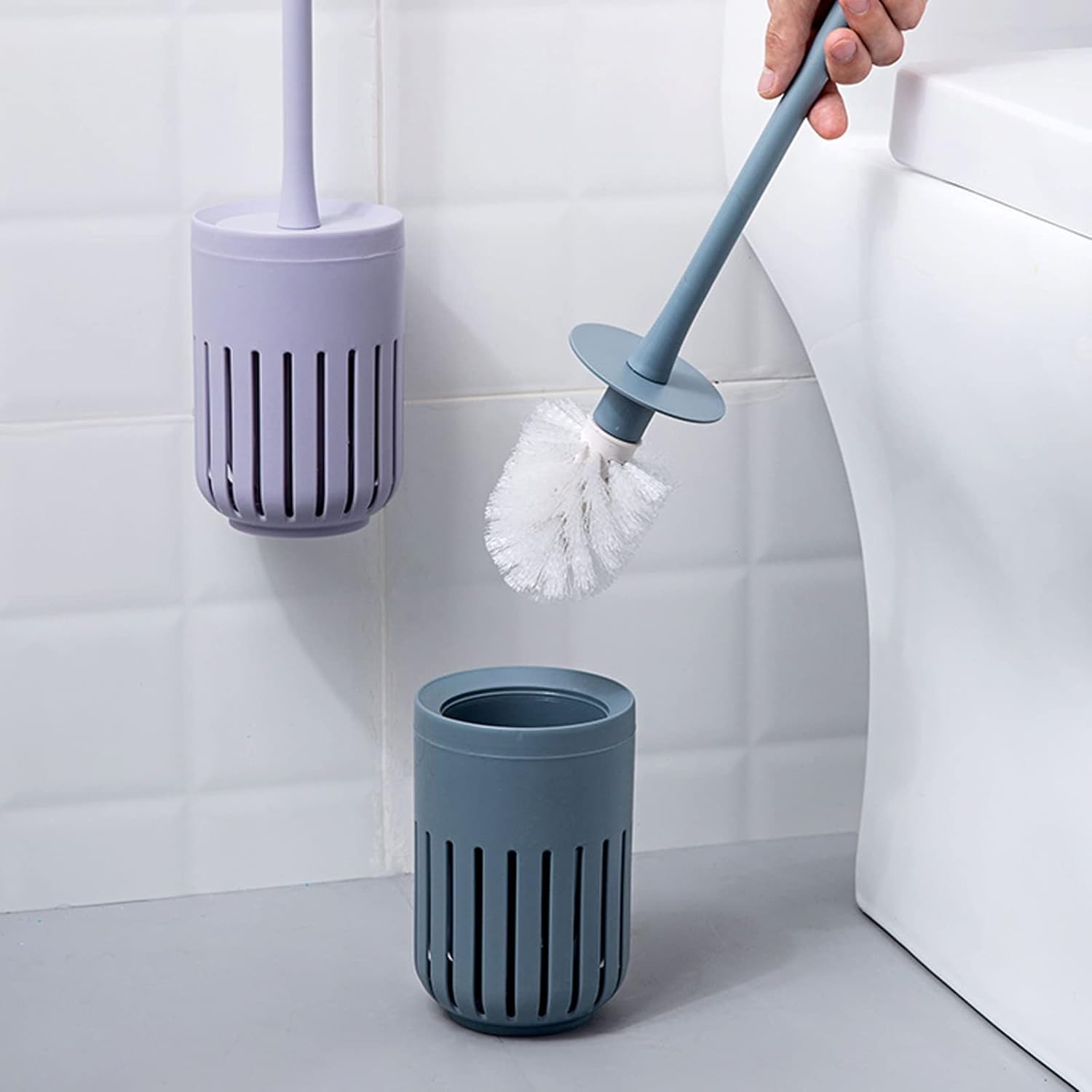 Gray-Blue Wall-Mounted Toilet Brush Set with Holder