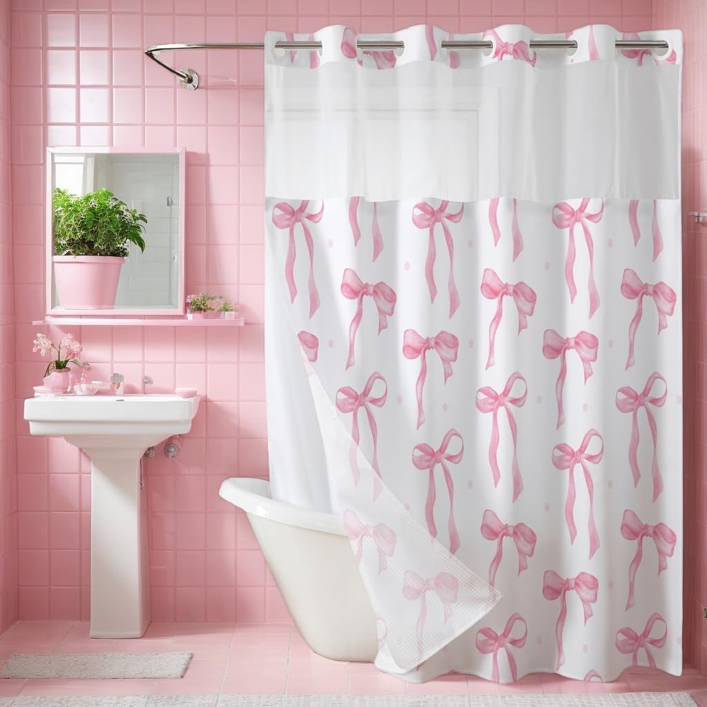 No Hook Pink Bow Shower Curtain with Liner Set