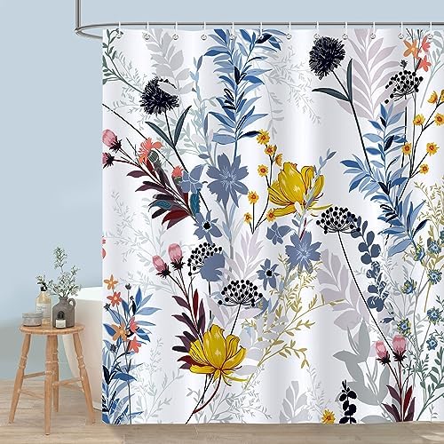 Bonhause Blue Wildflower Shower Curtain - 72x72 Inch Waterproof Boho Design