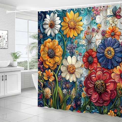 Colorful Floral Shower Curtain with Hooks