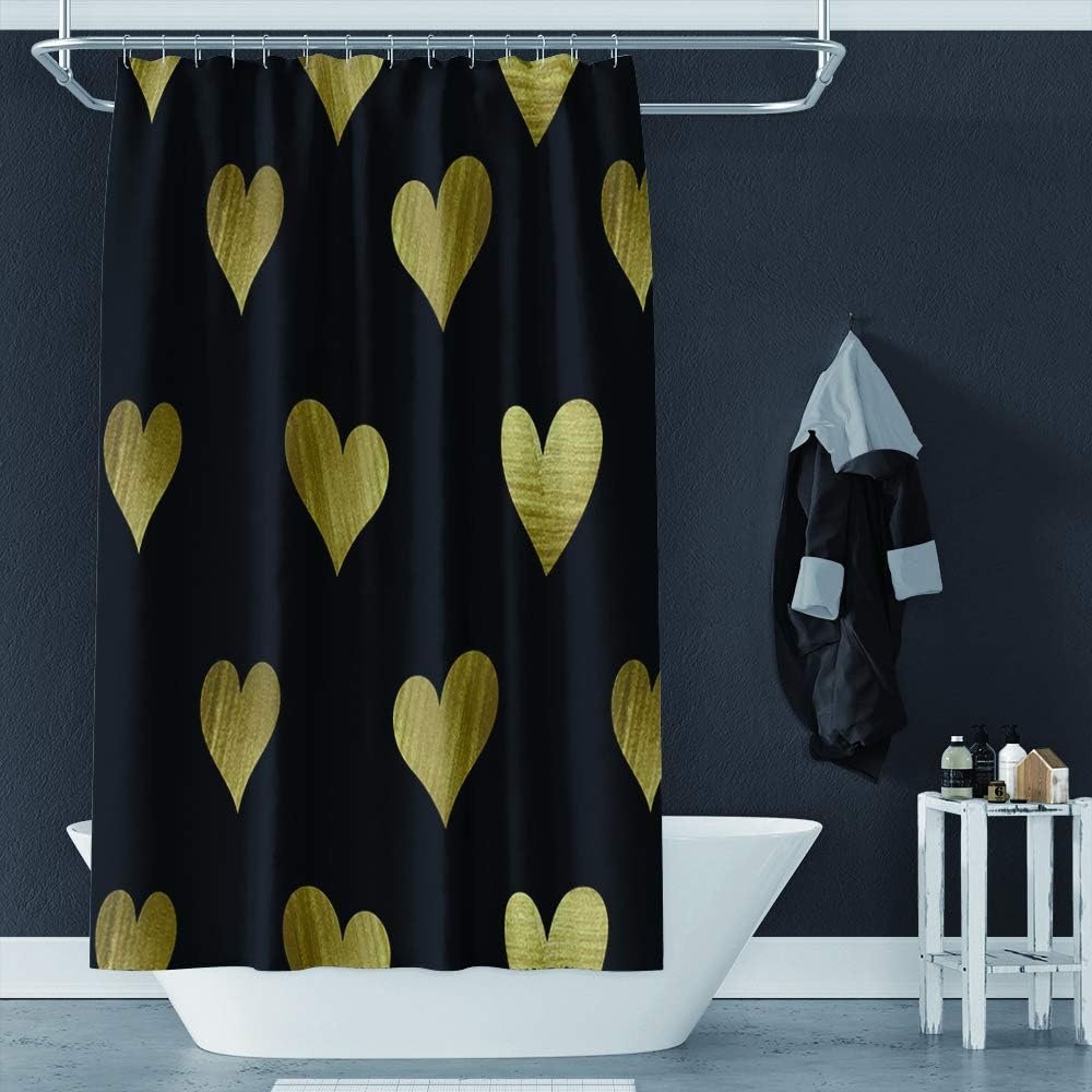 OERJU 65x72inch Golden Heart-Shaped Shower Curtain with Twinkling Patterns and Hooks