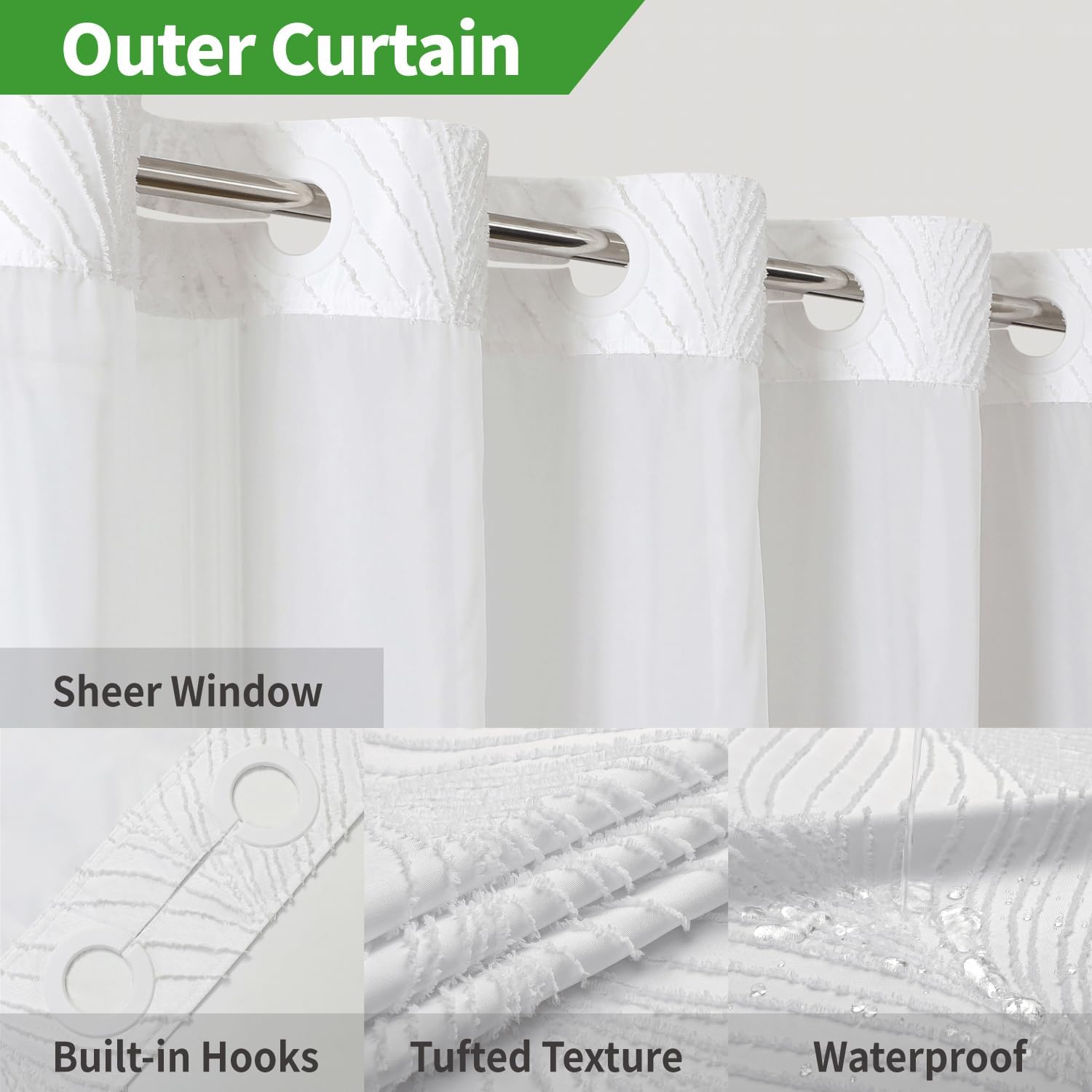 Boho No Hook Shower Curtain Set with White Tufted Stripes and Waterproof Liner
