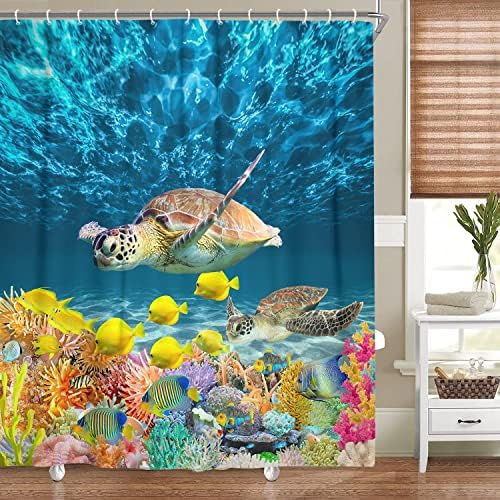 DYNH Sea Turtle Fabric Shower Curtain 69x70 Inch with Hooks Blue Bath Curtain