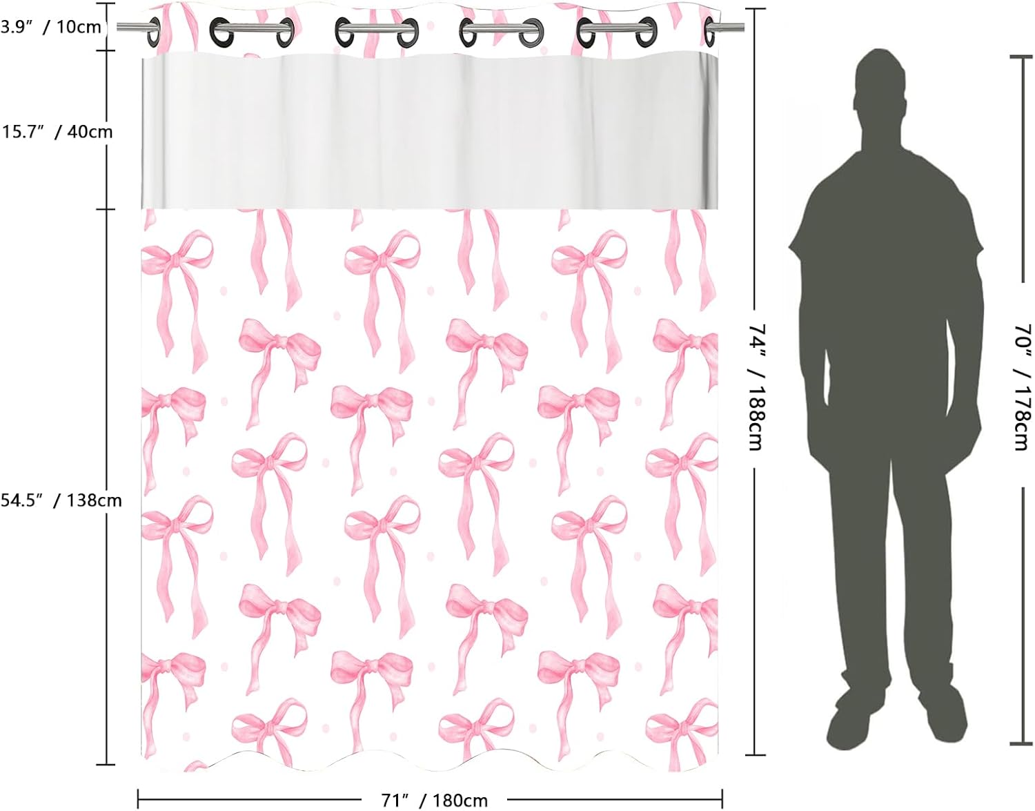 No Hook Pink Bow Shower Curtain with Liner Set