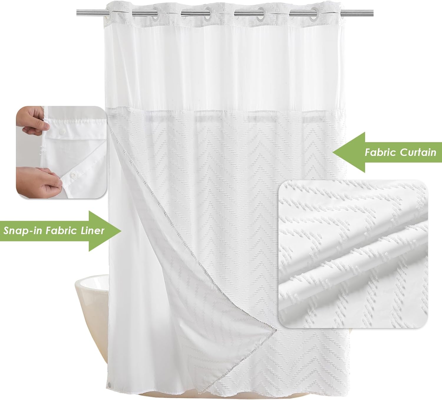 Nesphy Hookless Boho Shower Curtain Set White Textured Chevron Striped