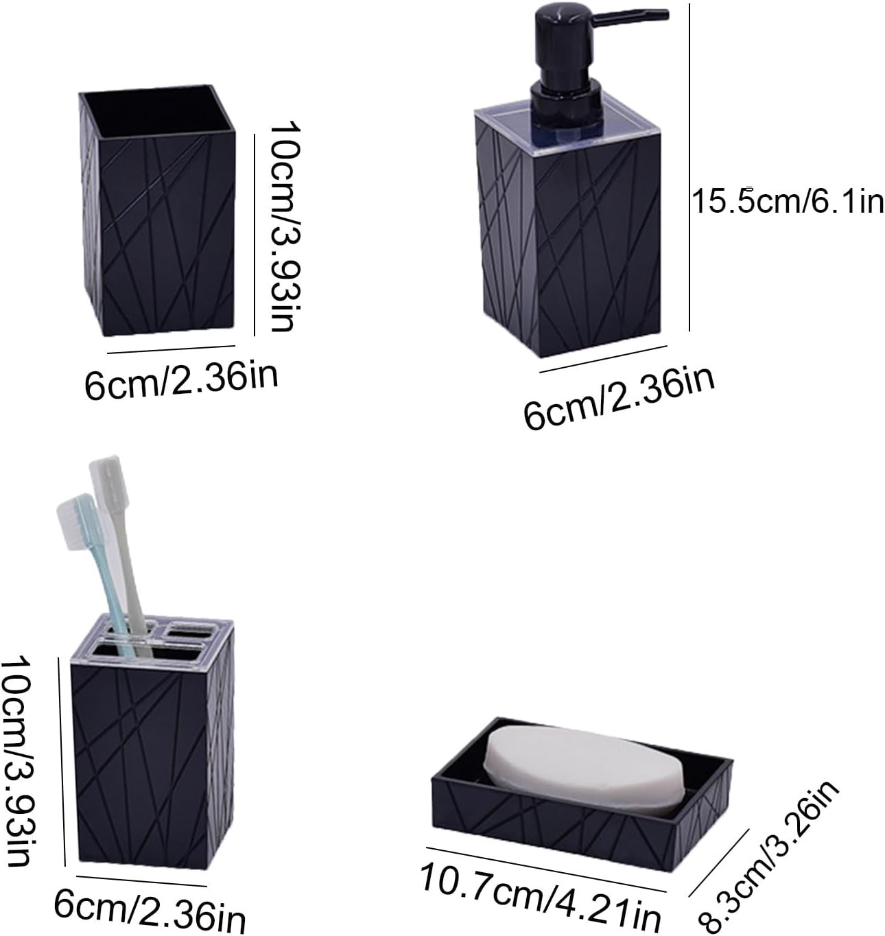 4 Piece Bathroom Accessory Set with Soap Dispenser Toothbrush Holder Tumbler and Soap Tray Black 1