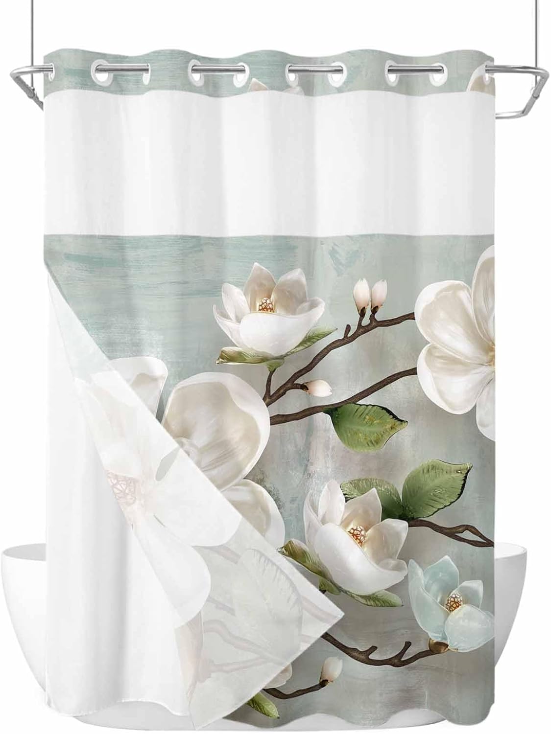 Smile Sunflower Flower Shower Curtain Set 72x72in White Magnolia with Snap Liner