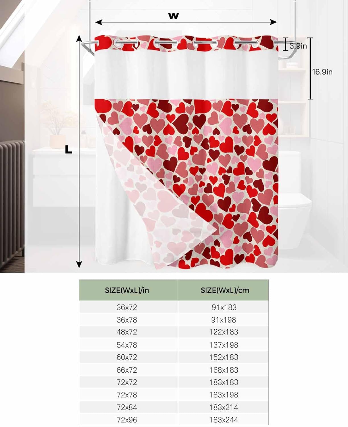 No Hook Shower Curtain with Snap Liner Set 72x78 Red Pink Heart Design