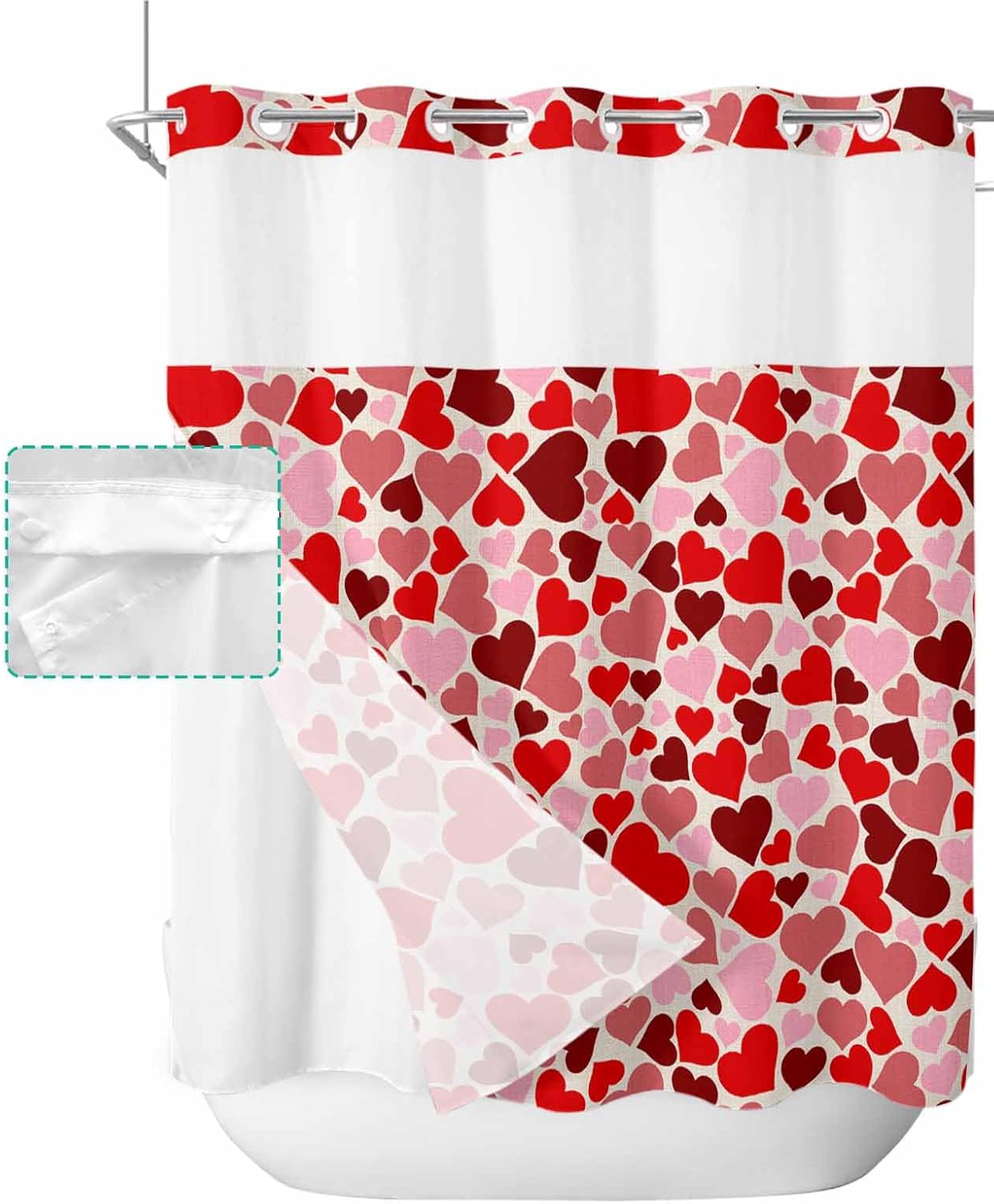 No Hook Shower Curtain with Snap Liner Set 72x78 Red Pink Heart Design