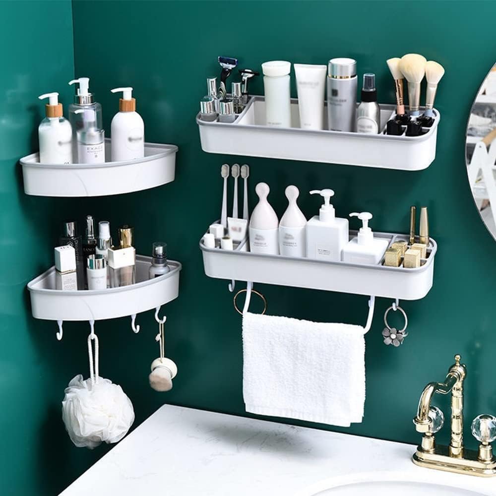 ANNBKA Triangle-Black Shower Caddy with Hooks and Towel Bar