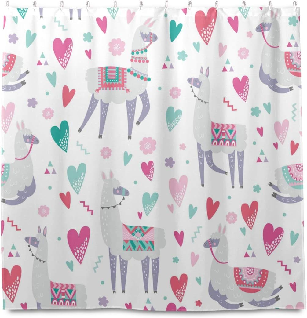 AUUXVA 72x72 Inch Alpaca Llama Heart Pattern Shower Curtain