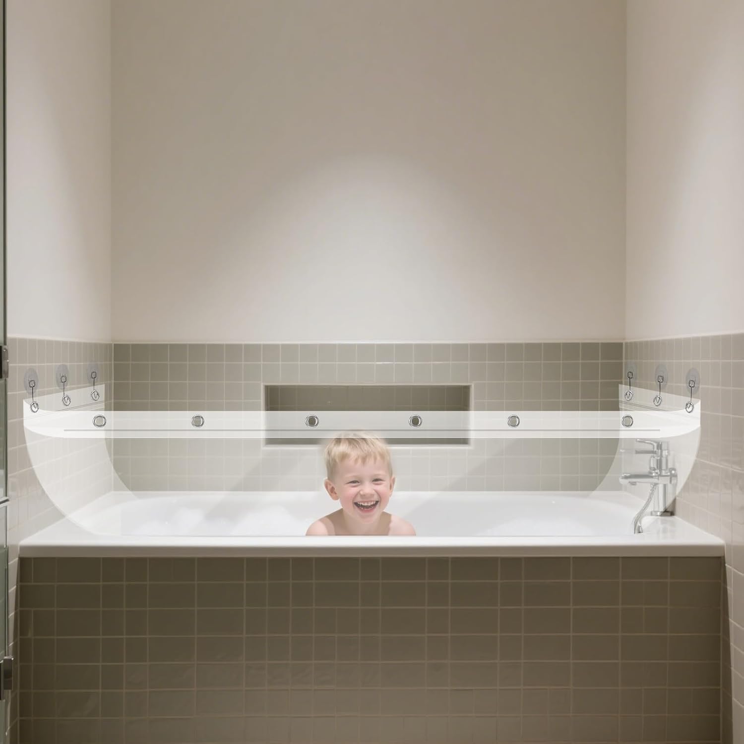 Clear Bathtub Splash Guard with 6 Hooks