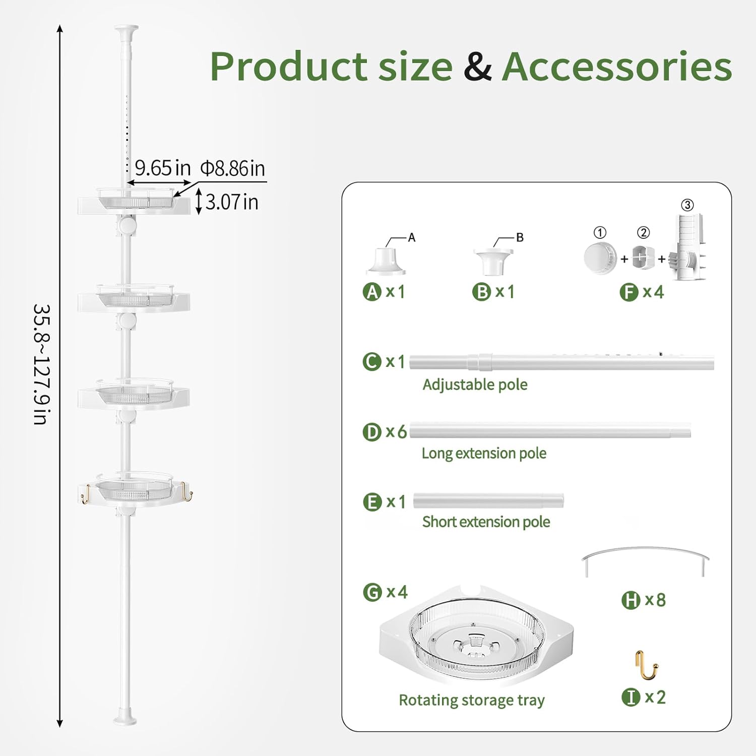 Adjustable Corner Shower Caddy with 4 L-Lazy Susan Baskets