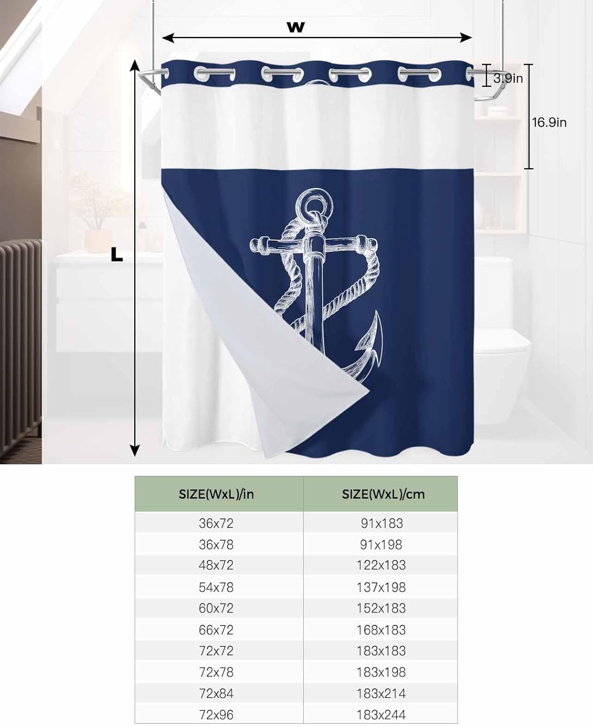 No Hooks Shower Curtain Set with Liner 72x72 Marine Theme