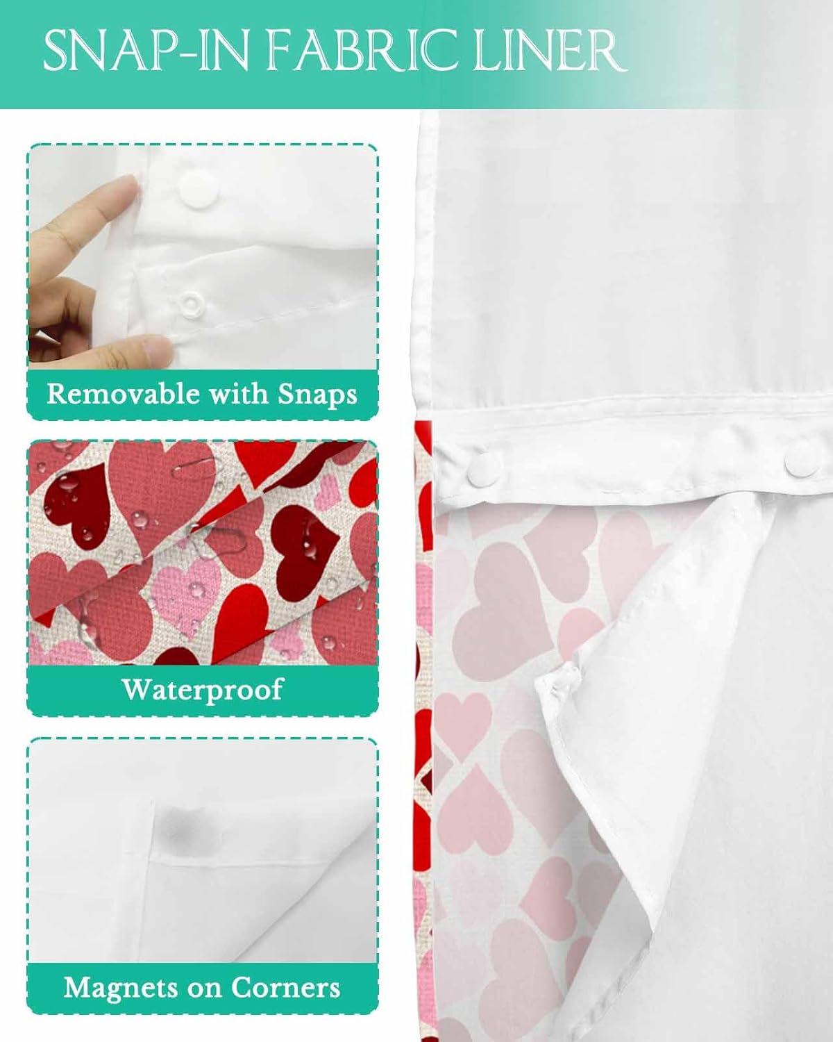 Jolunifun Valentines Day No Hook Shower Curtain Set