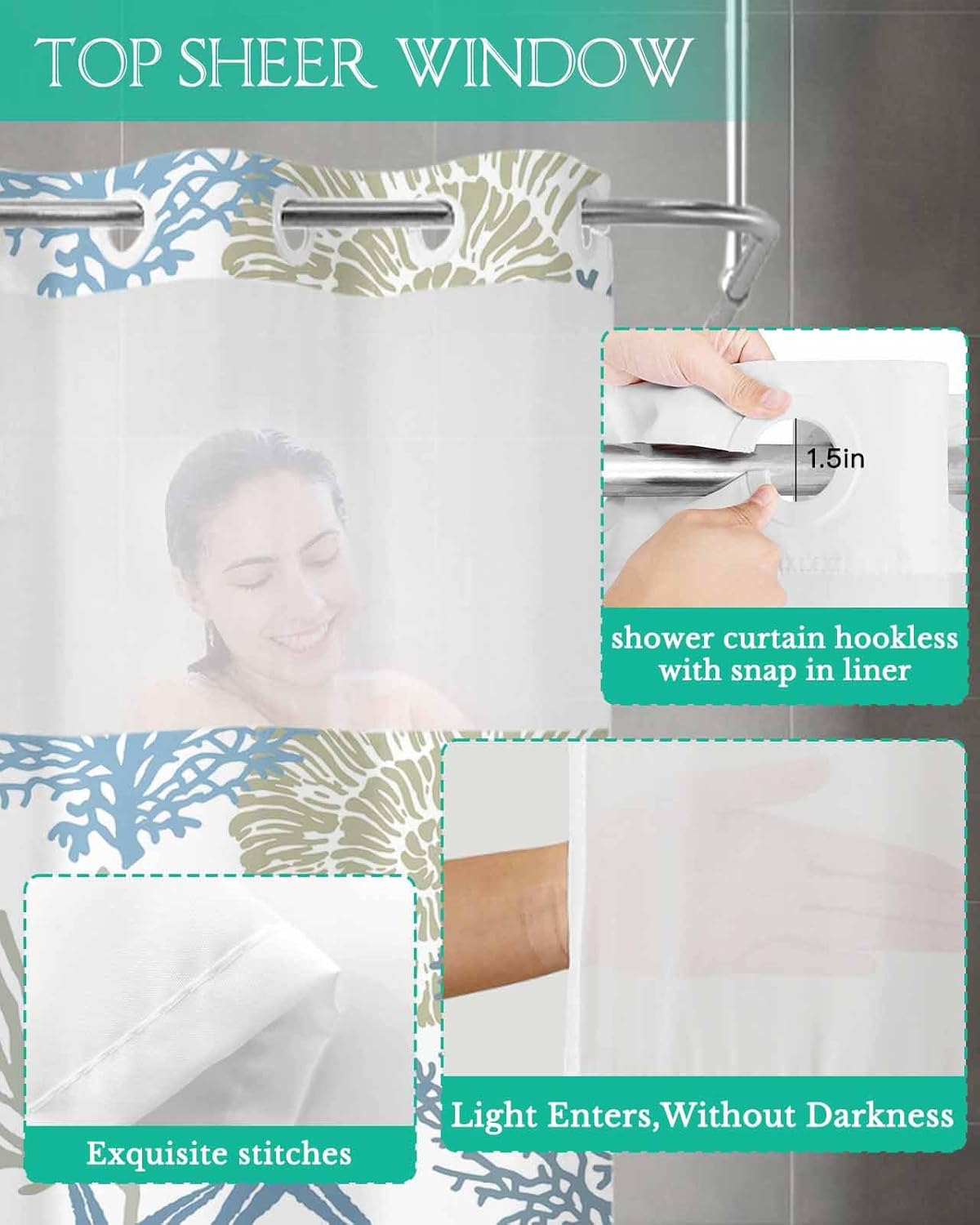 Prime Leader Nautical Coastal Shower Curtain Set with Snap Liner 36x72