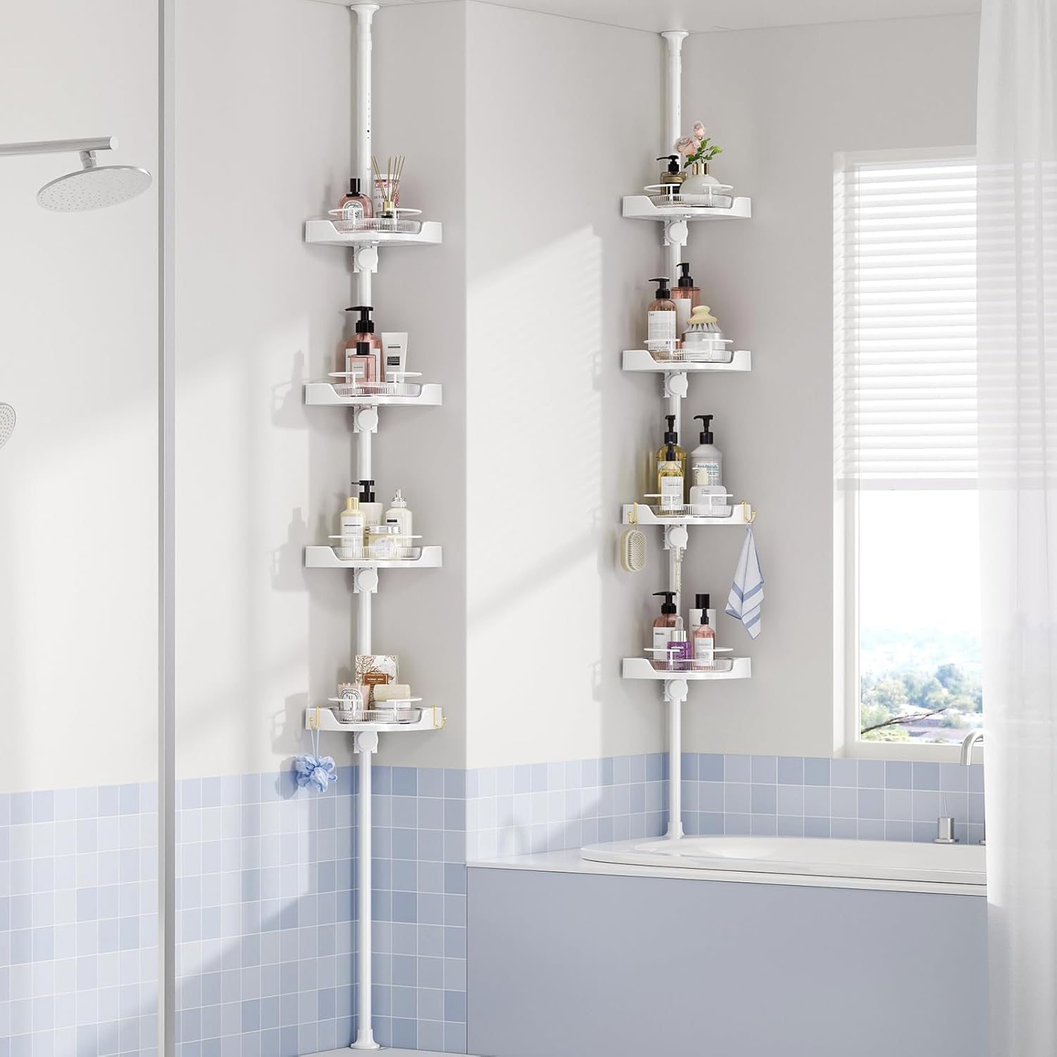 Adjustable Corner Shower Caddy with 4 L-Lazy Susan Baskets