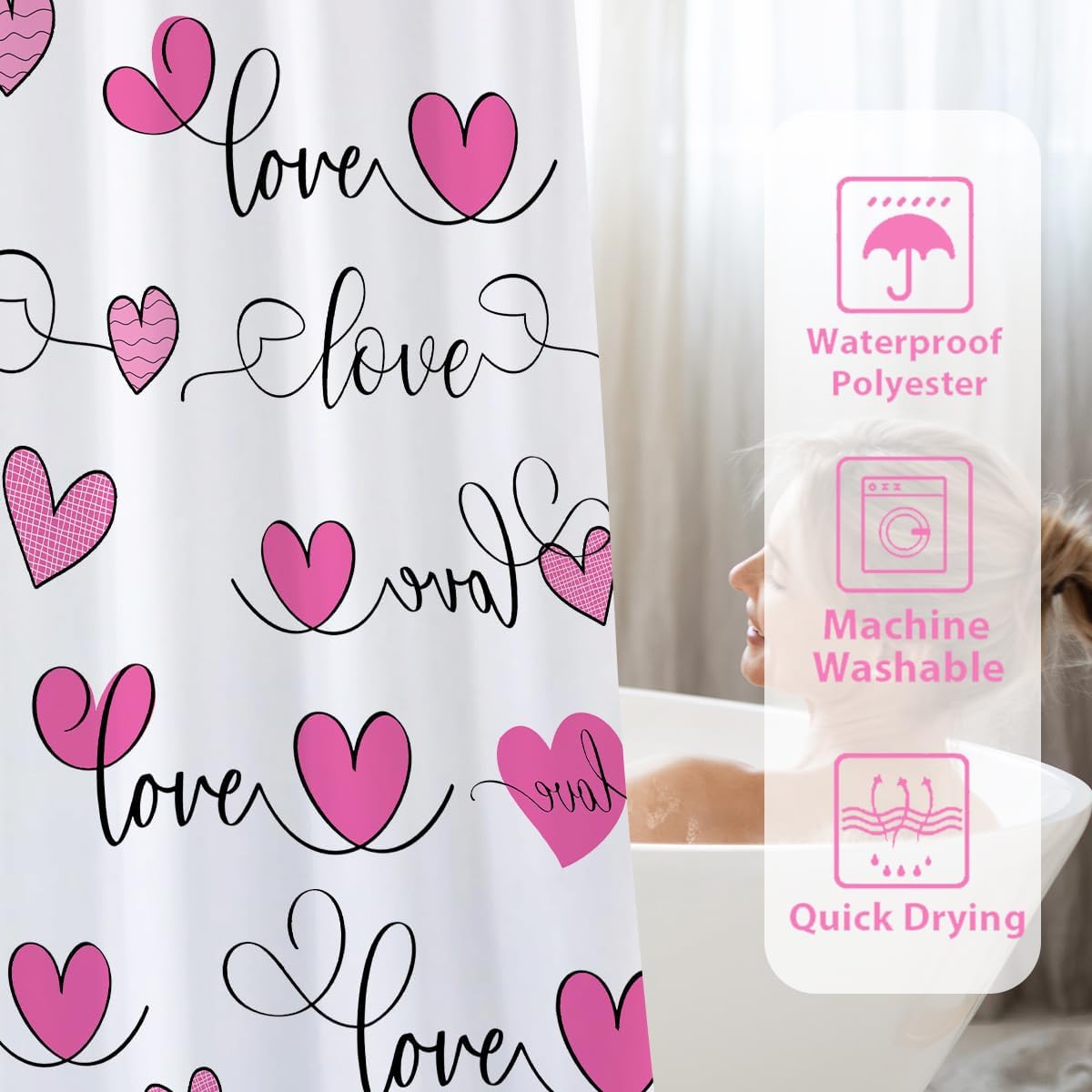 Modern Pink Heart Shower Curtain Set with 12 Hooks