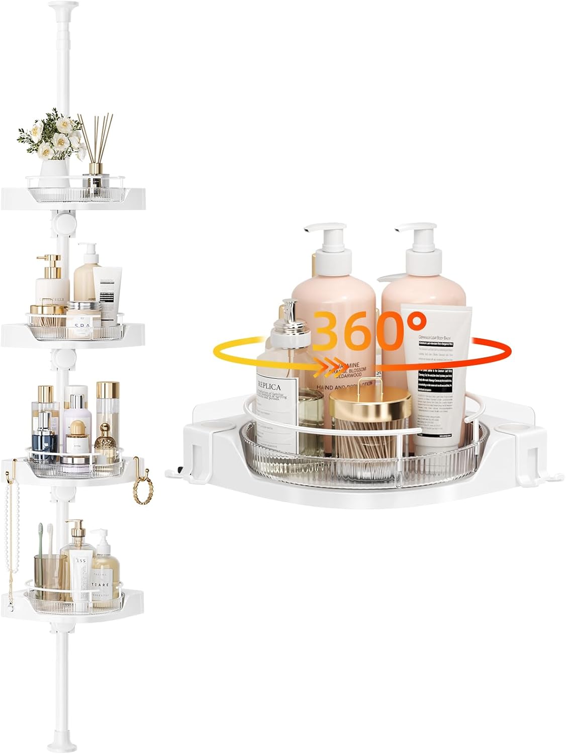Adjustable Corner Shower Caddy with 4 L-Lazy Susan Baskets