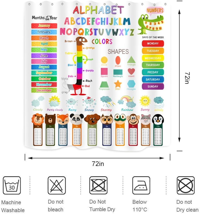 ABC Educational Shower Curtain with Hooks for Kids