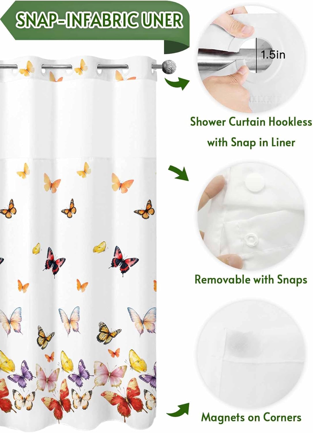 Double Layer No Hooks Shower Curtain Set 72x72