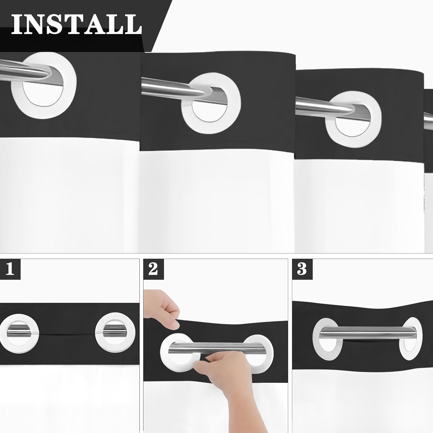 Nesphy No Hook Black Shower Curtain with Snap-in PEVA Liner Set