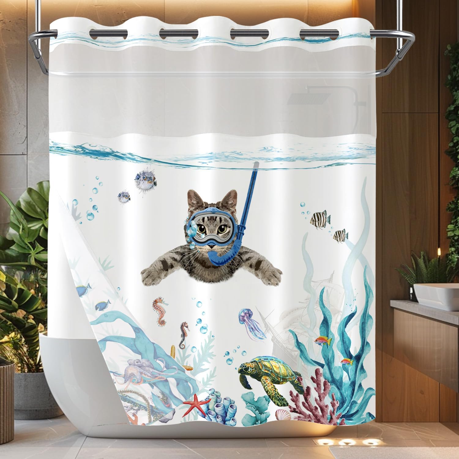 Fowocu Funny Cat Nautical Shower Curtain Set Teal Blue Ocean