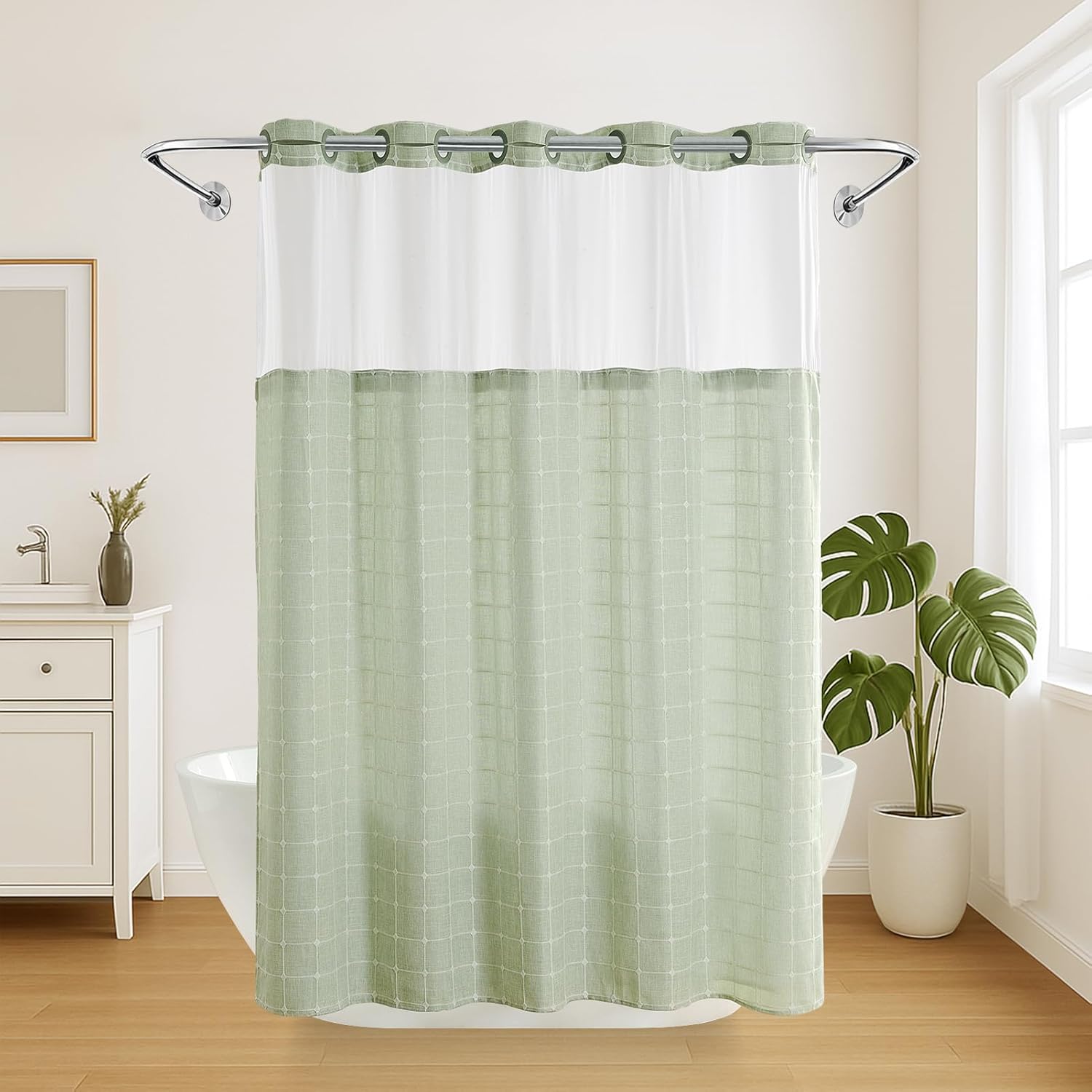 Nesphy Boho Farmhouse Shower Curtain Set Green Linen with Mesh Top