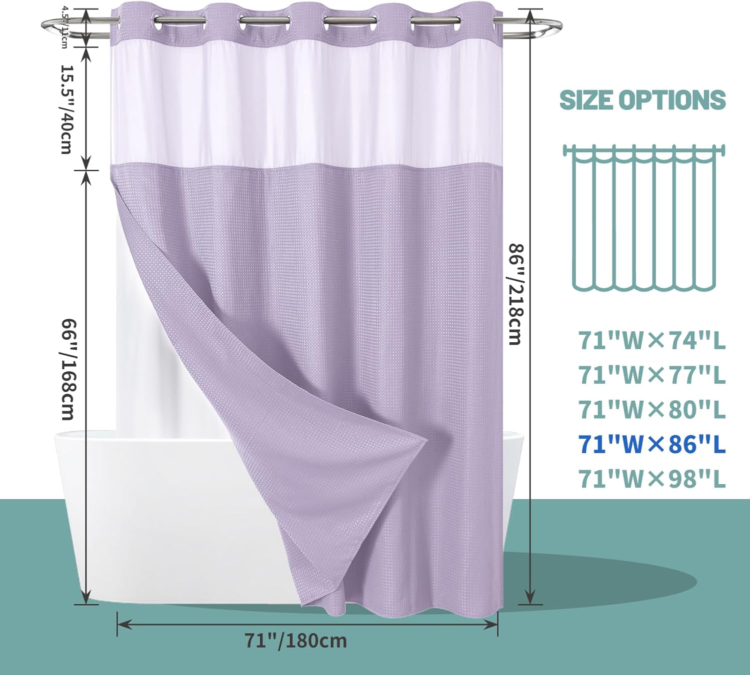 Lavender Waffle Weave Shower Curtain Set with Snap-In Liner 71x86 Inches