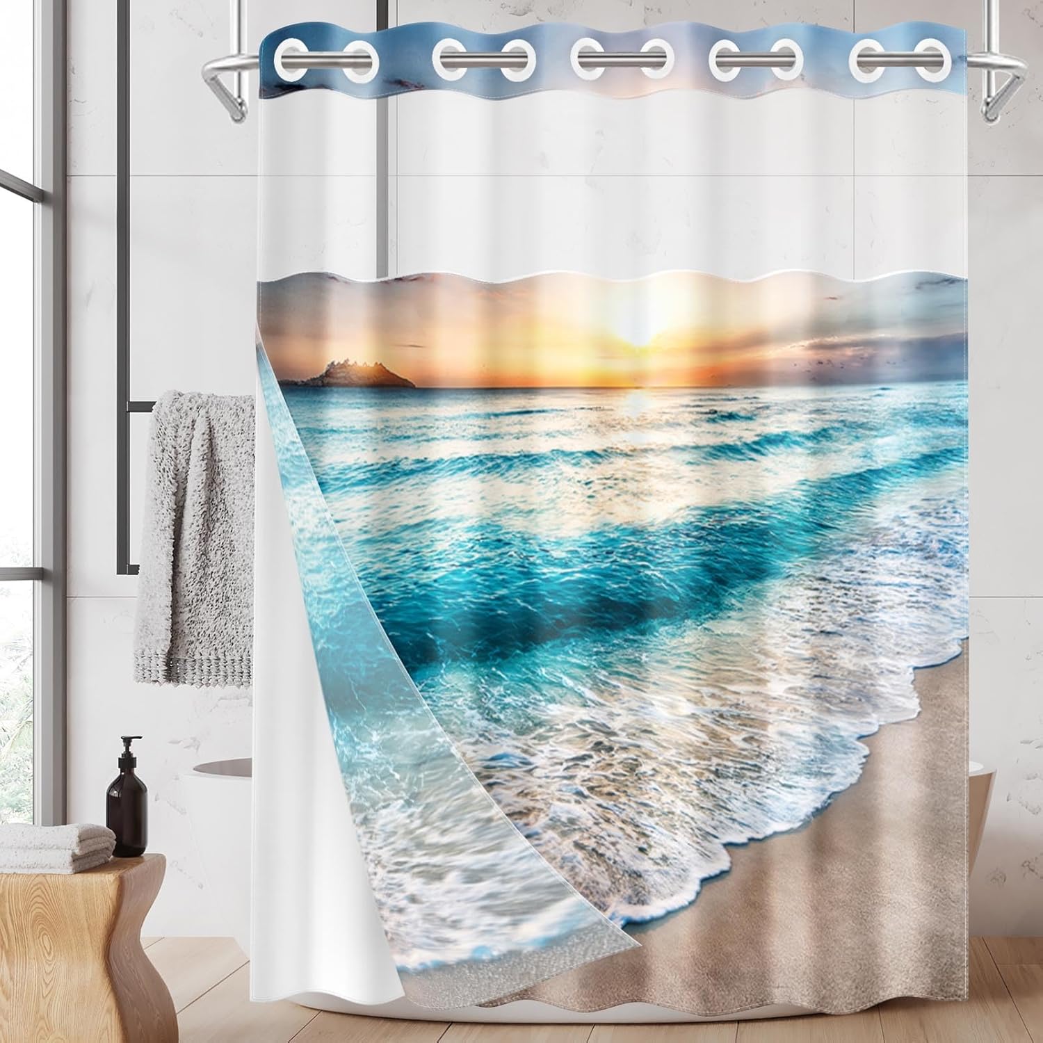 Nesphy No Hook Beach Shower Curtain Set 71x74 Inch