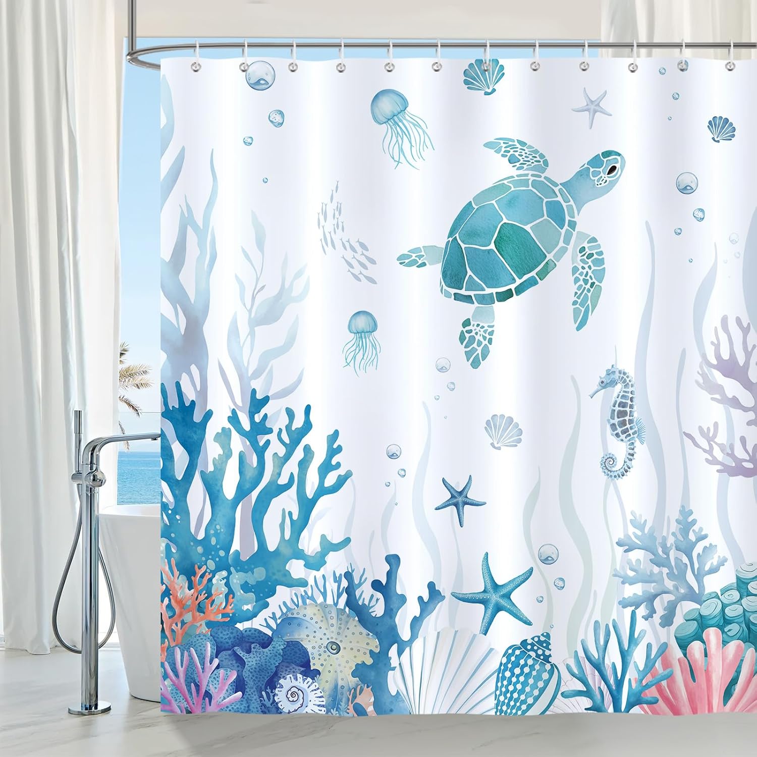 Sea Turtle Shower Curtain with 12 Hooks 72x72 Inches