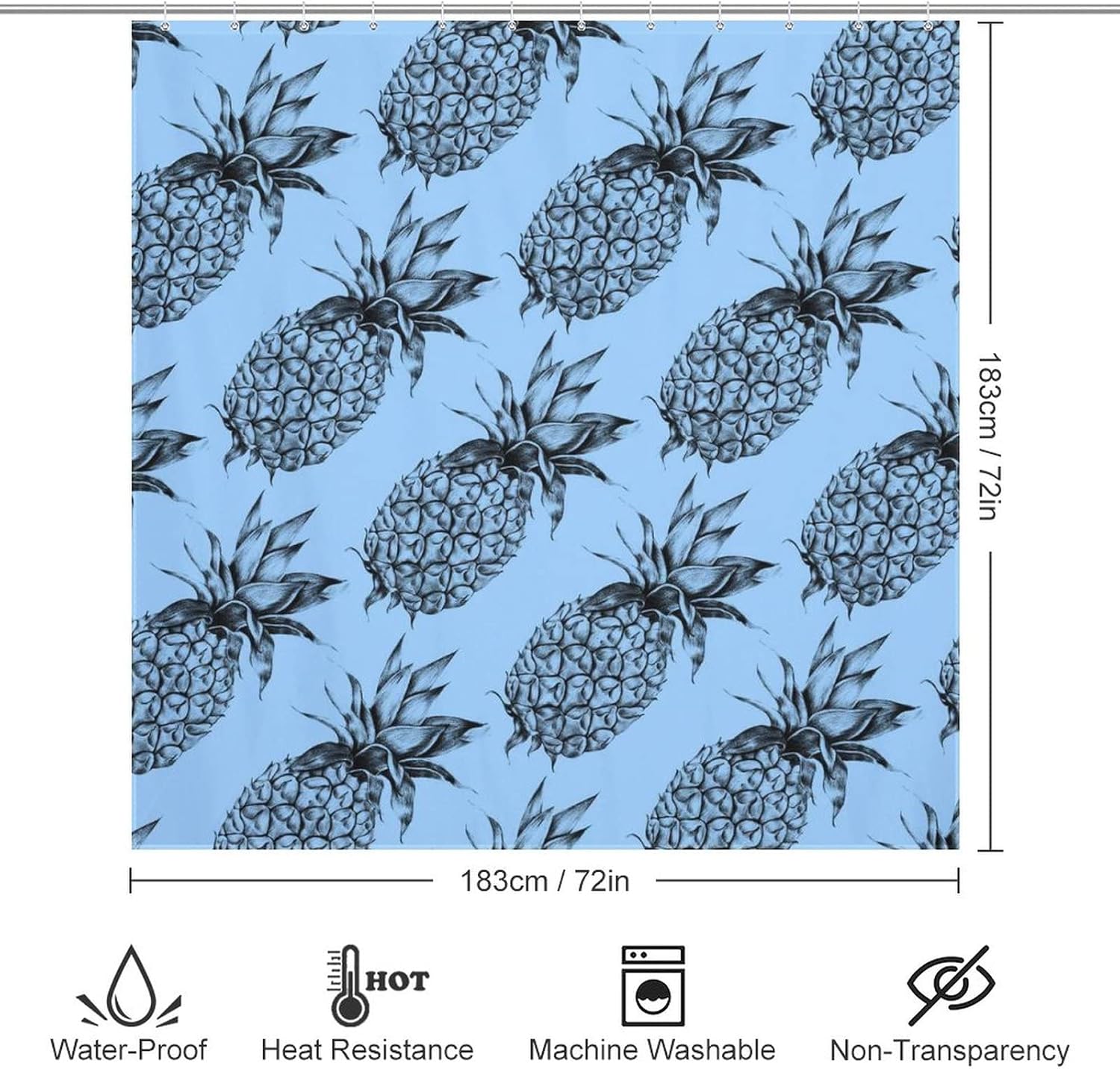 Adorable Pineapple Fruit Shower Curtain Set with Hooks 72x72inch