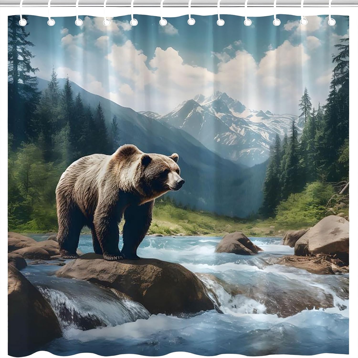 Forest Bear Shower Curtain with Hooks 70x70 Inch 1