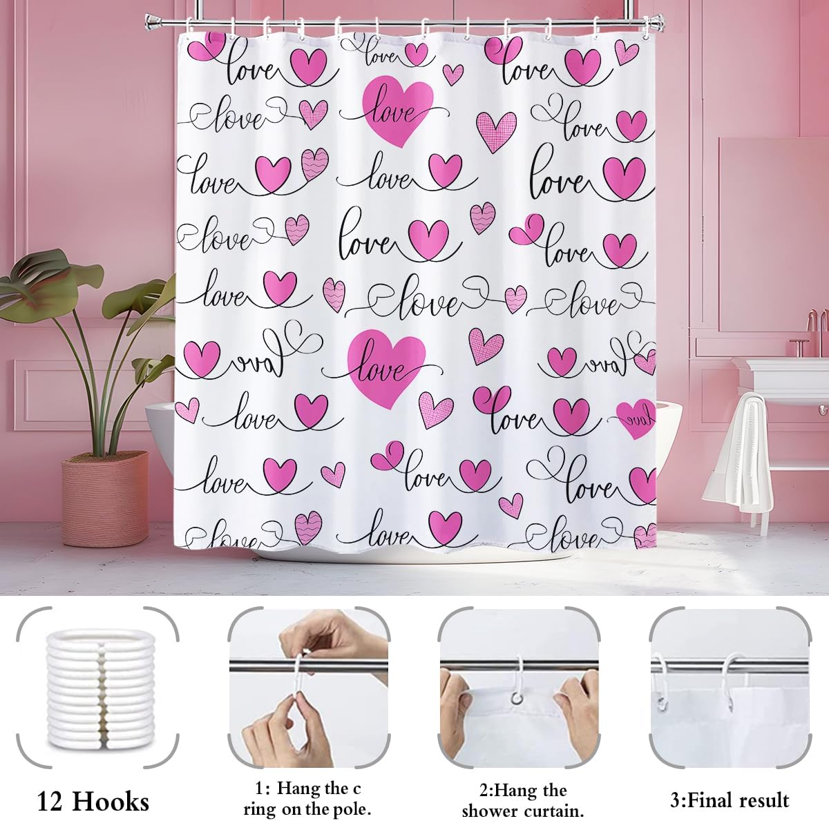 Modern Pink Heart Shower Curtain Set with 12 Hooks