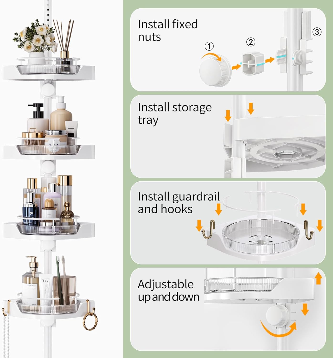 Adjustable Corner Shower Caddy with 4 L-Lazy Susan Baskets