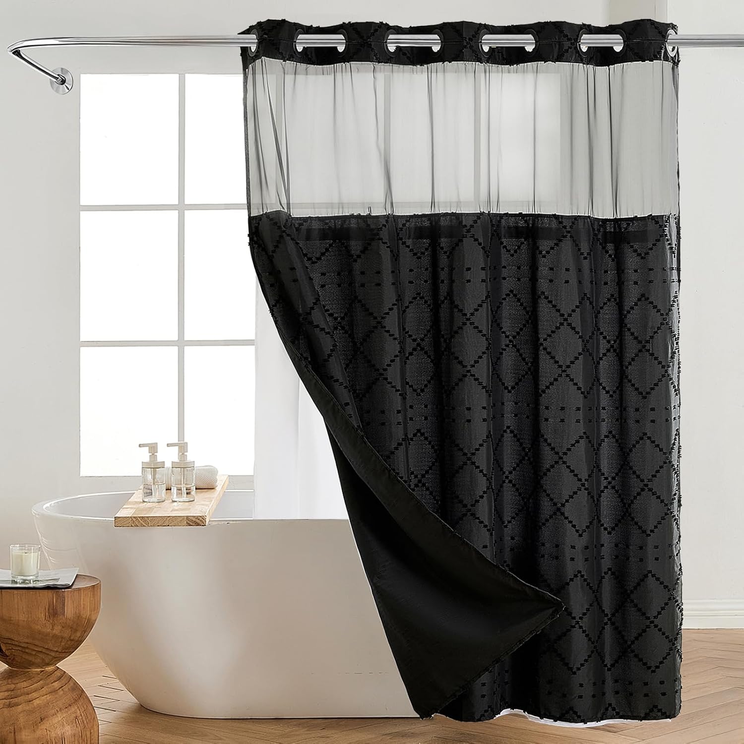 Nesphy Hookless Boho Shower Curtain Set Black Chevron Tufted Design