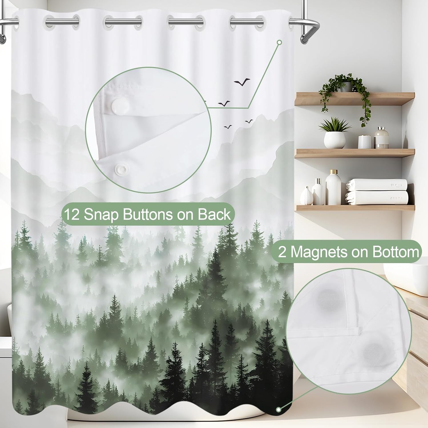 AXURXUI No Hook Forest Shower Curtain Set 71x74 Inch