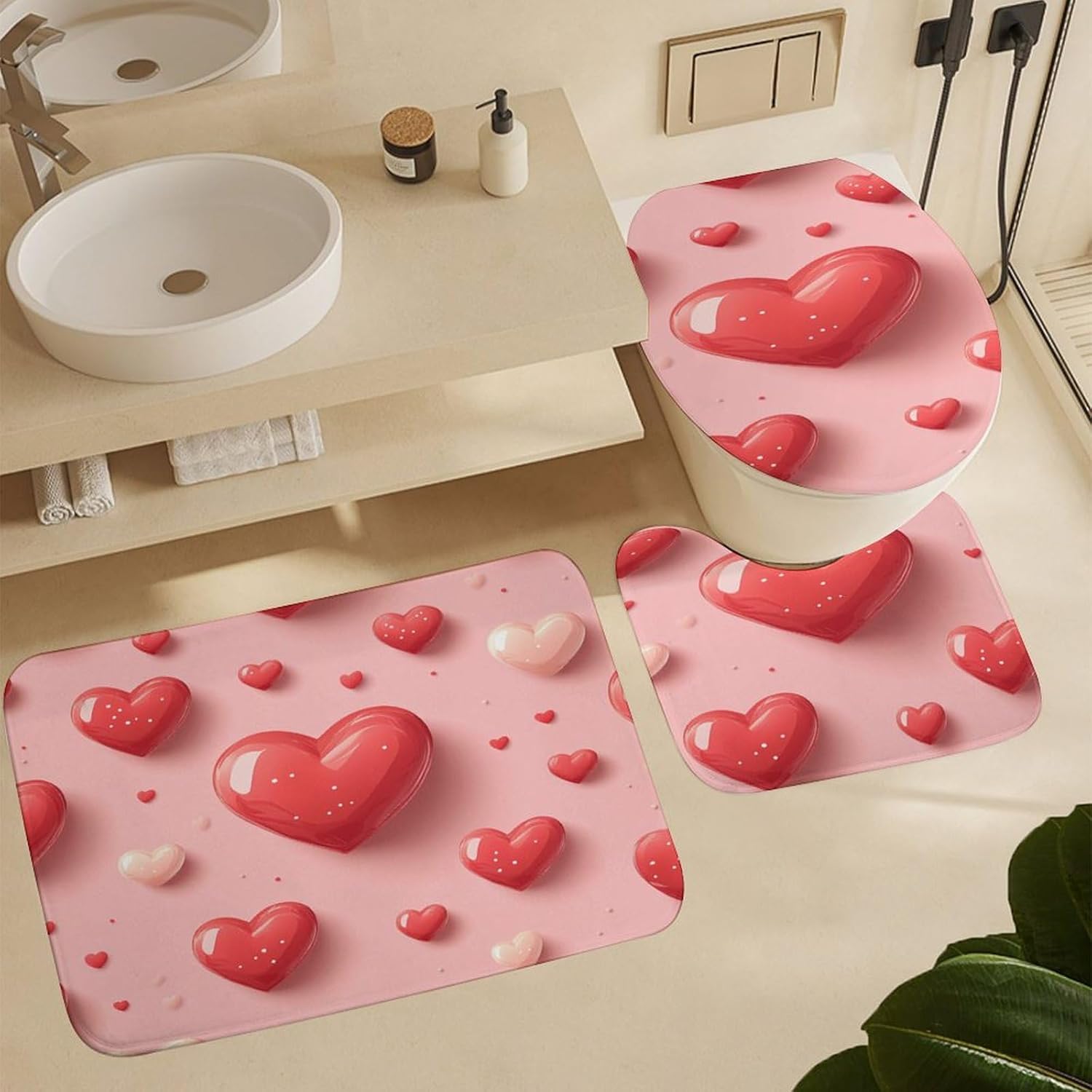 Hmklpoerps Heart Pattern Shower Curtain Set 4 Piece
