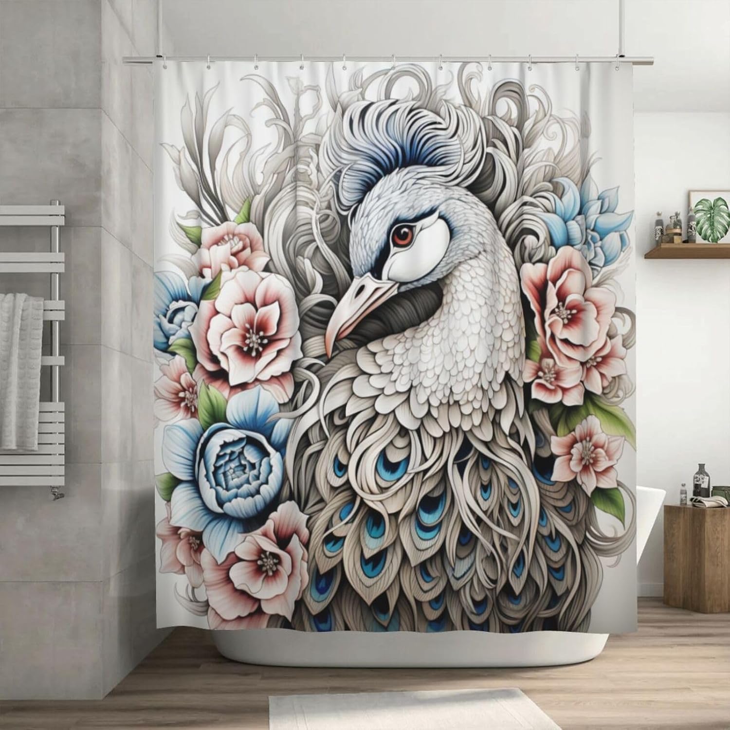 DAOWANGZUO White Peacock Shower Curtain Set