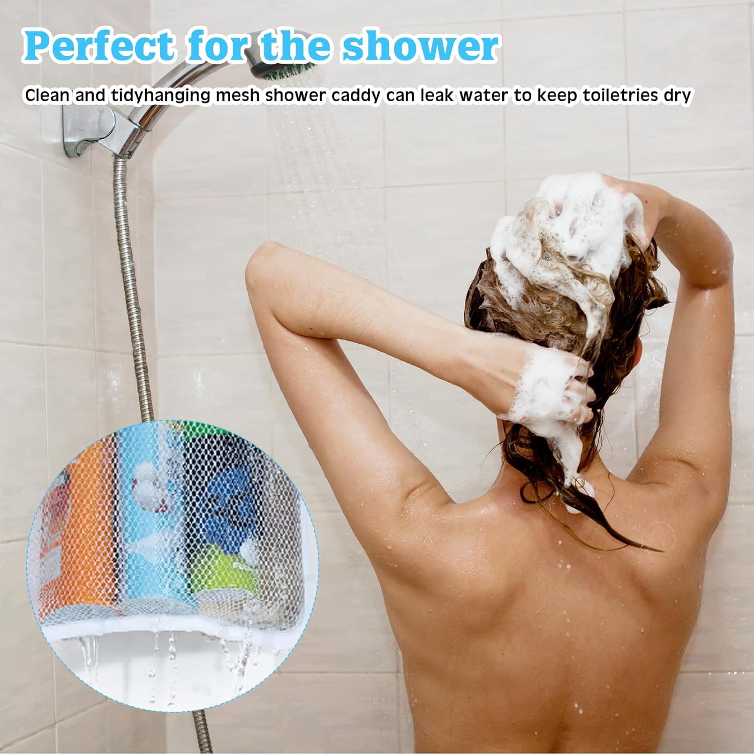 2 Pack 7 Pockets Mesh Shower Caddy with Metal Hangers - White