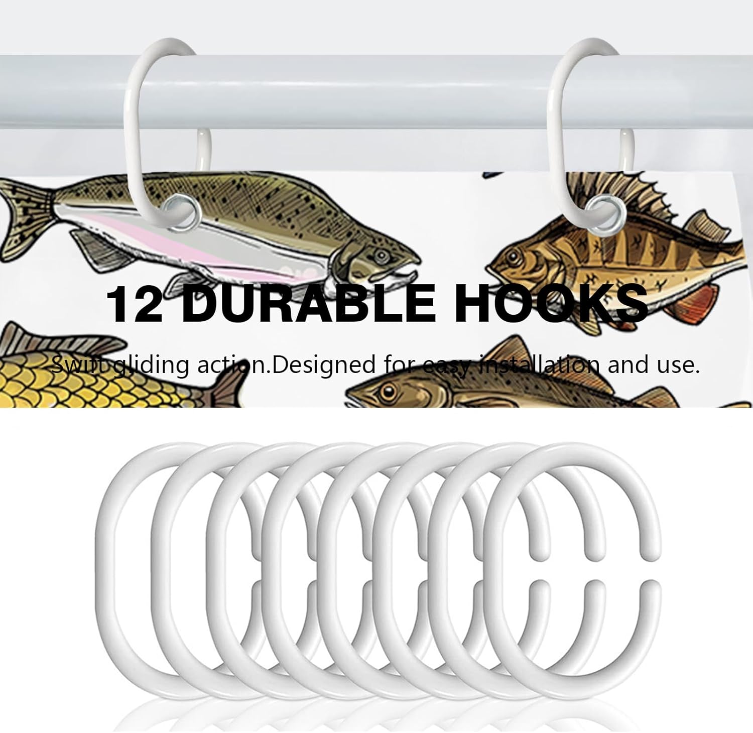 Yomane Fish Print Shower Curtain Set with 12 Hooks 72x72