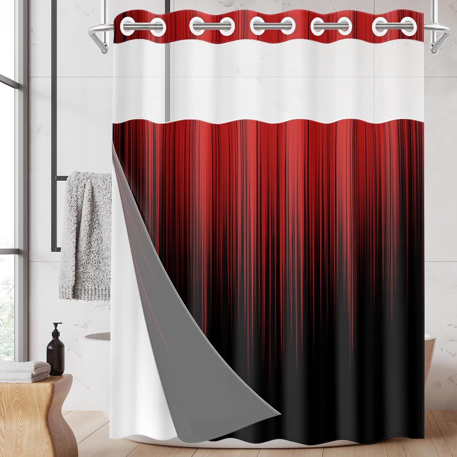 Nesphy No Hook Black Red Ombre Shower Curtain Set